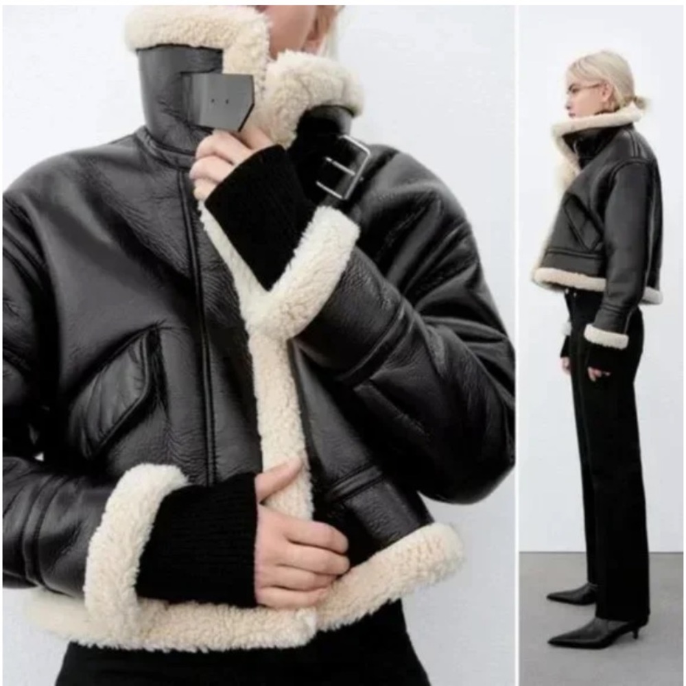 Black faux leather Sherpa aviator jacket
